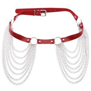2646 Red Pu Simulated Leather Silvert-tone O Ring Chain Tassel Adjustable